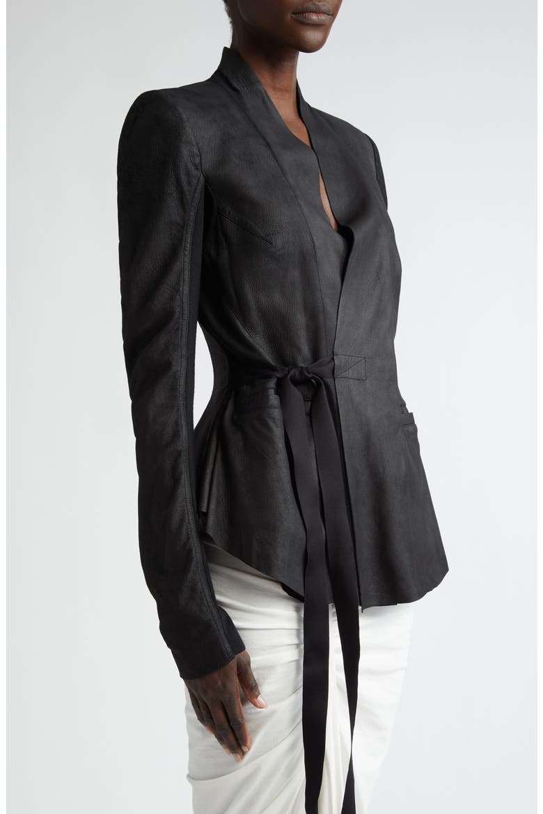 Side Tie Leather & Knit Wrap Top, Alternate, color, BLACK