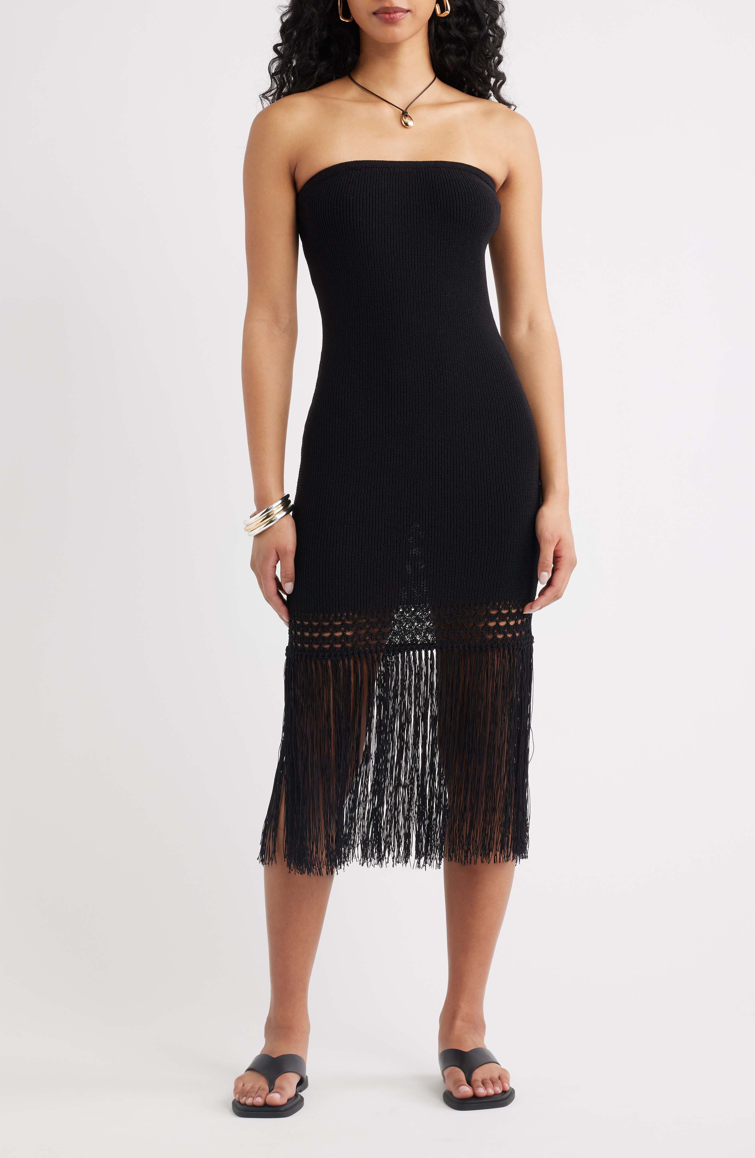 Open Edit Sewater Strapless Fringe Sweater Tube Dress In Pattern