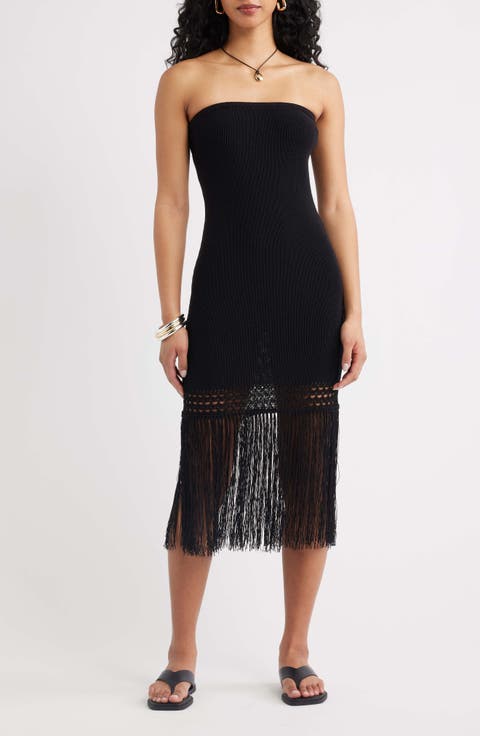 Sewater Strapless Fringe Sweater Tube Dress