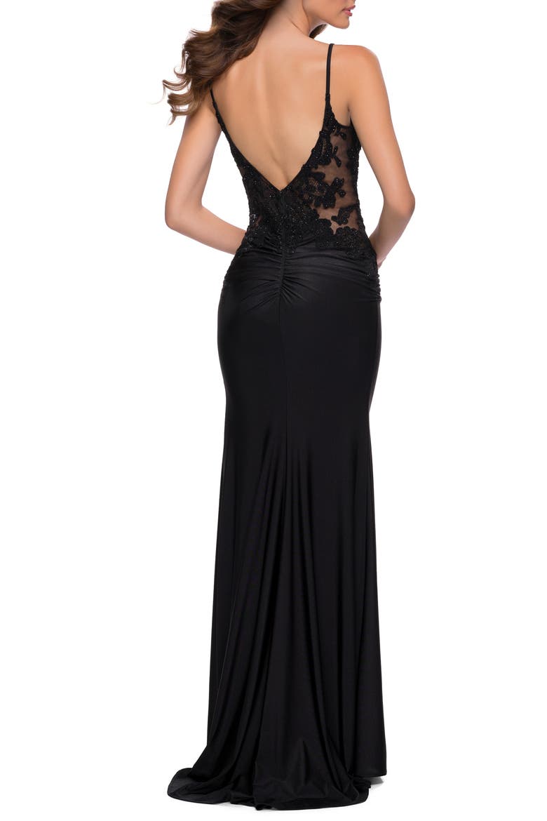 Jersey Gown with Sheer Lace Bodice and Ruching, Alternate, color, BLACK