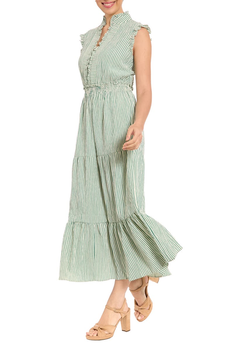 London Times Stripe Ruffle Sleeveless Tiered Maxi Dress, Alternate, color, Aventurine