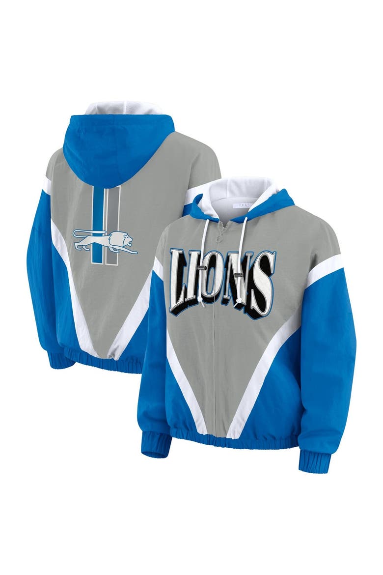 Women's WEAR by Erin Andrews Blue/Silver Detroit Lions Retro Crinkle Full-Zip Hoodie Windbreaker, Main, color, Blue