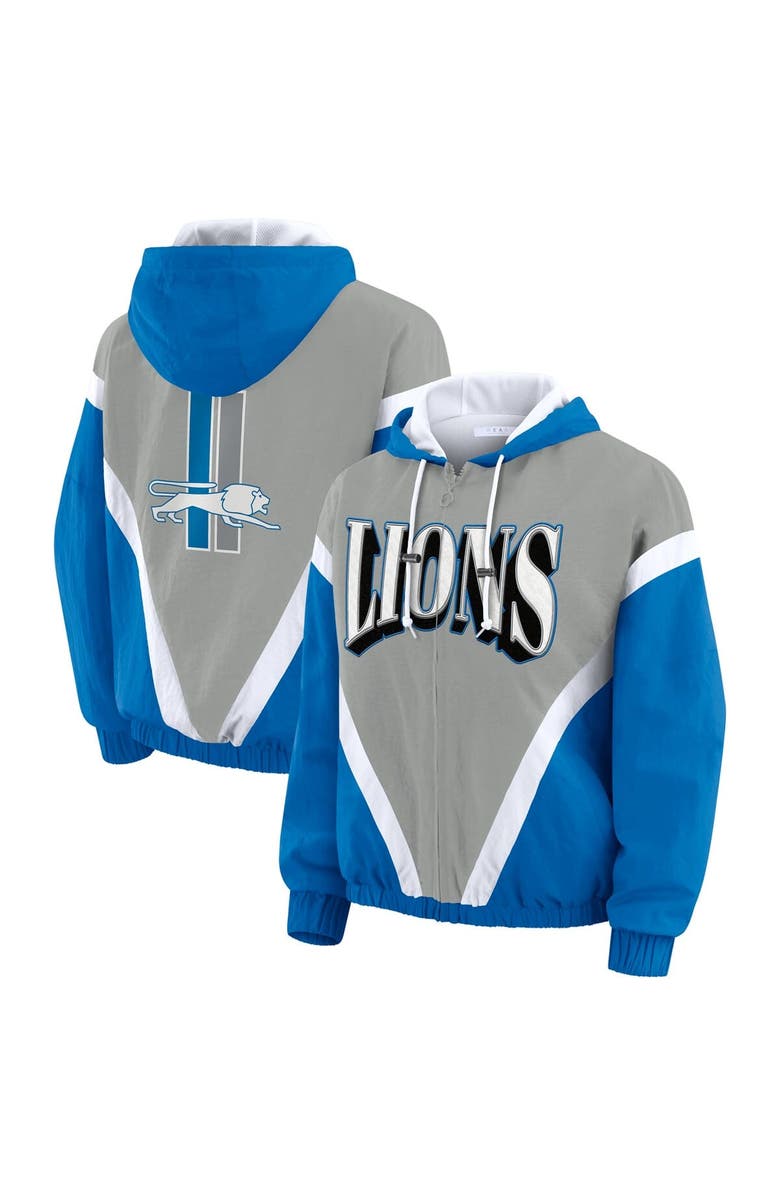 WEAR by Erin Andrews Women's WEAR by Erin Andrews Blue/Silver Detroit Lions Retro Crinkle Full-Zip Hoodie Windbreaker, Main, color, Blue
