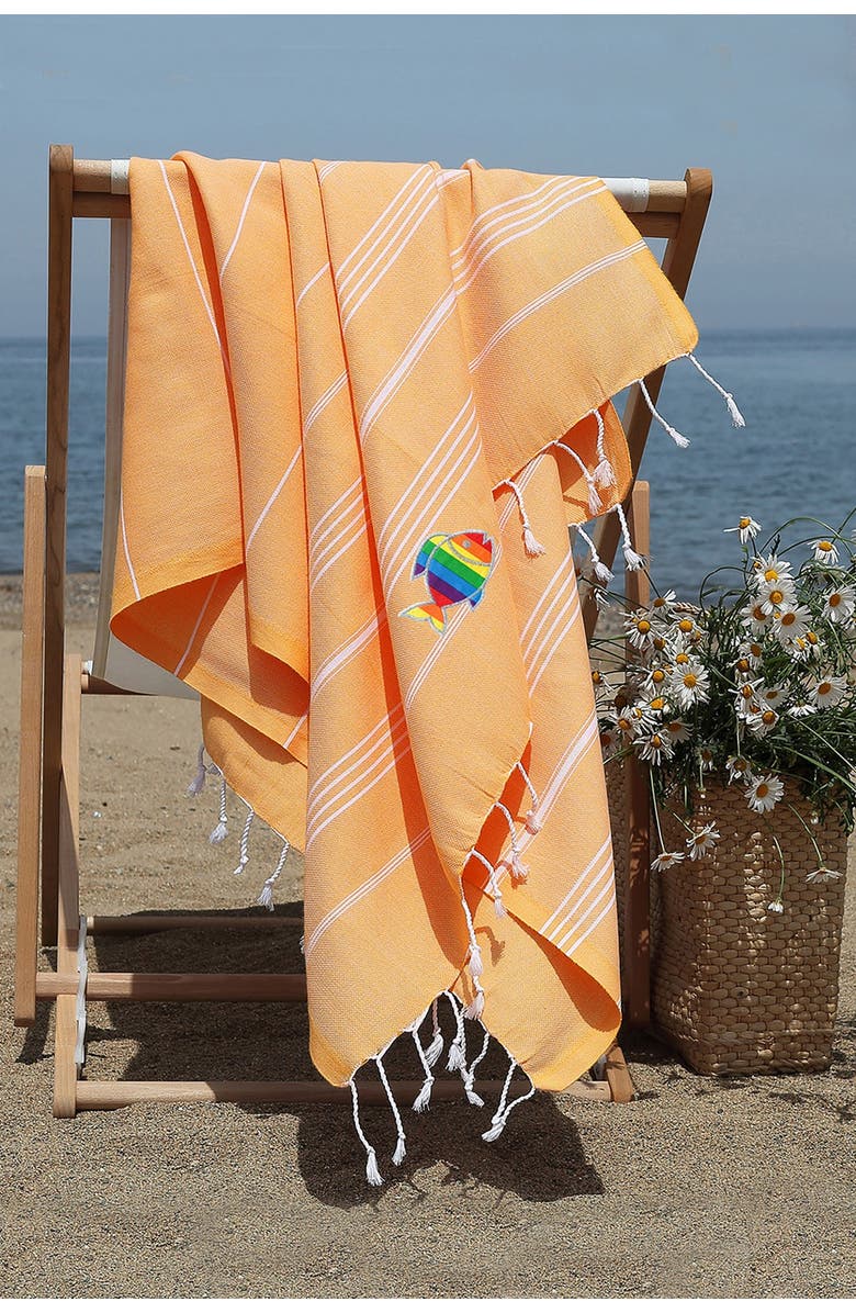 Linum Home Textiles 100% Turkish Cotton Lucky Sparkling Rainbow Fish Pestemal Beach Towel - Melon Orange, Alternate, color, 