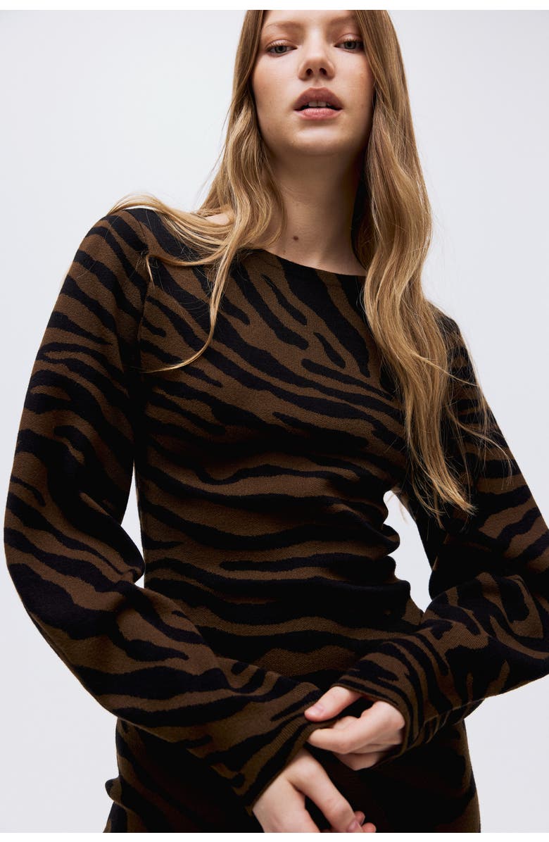 H&M Jacquard-knit Dress, Alternate, color, Dark Brown/Zebra Print