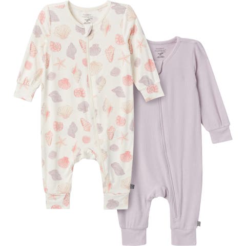 2-Pack Baby Girls Ivory Seashells Footless Coveralls