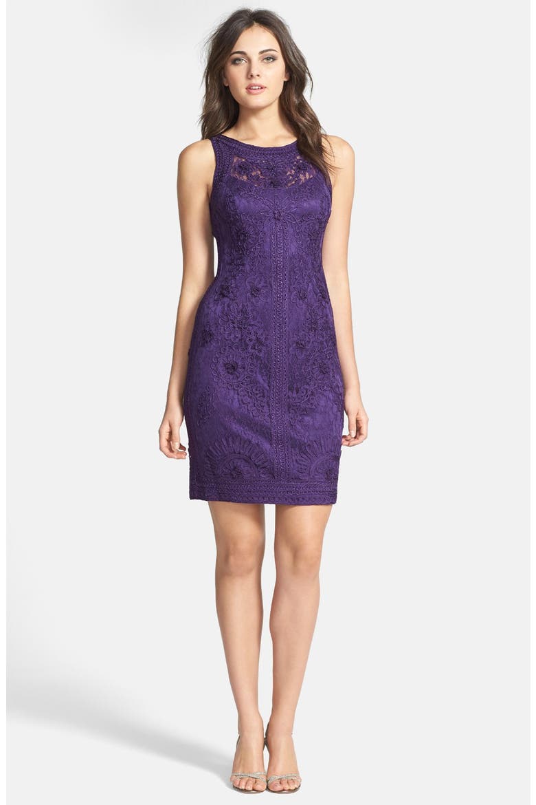 Illusion Bodice Lace Sheath Dress, Main, color, PURPLE