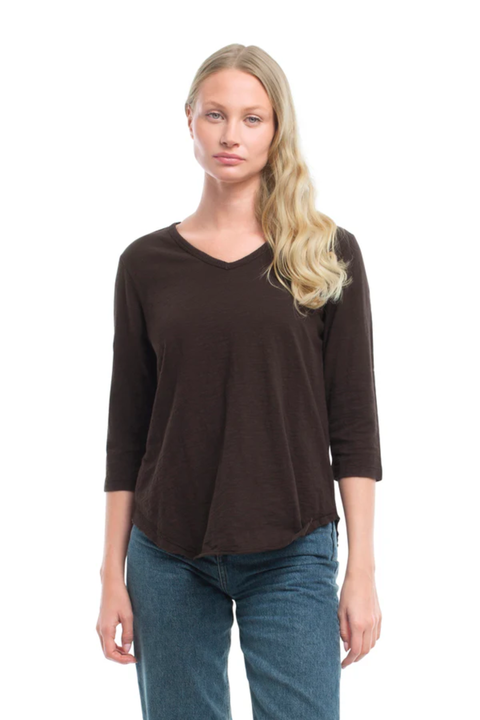 3/4 Sleeve V-Neck Shirttail Tee With Raw Hem Top