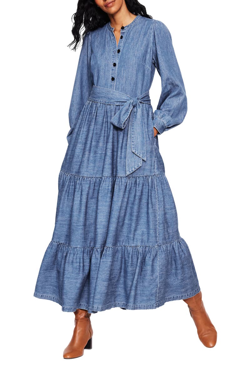 Boden Alba Long Sleeve Tiered Denim Maxi Dress, Main, color, 