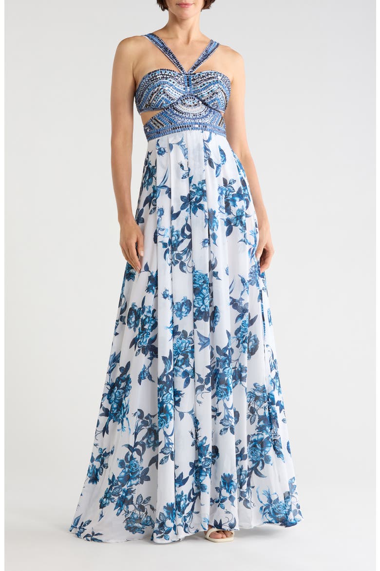 Annistyn Embroidered Gown, Main, color, WHITE/ BLUE PAINTERLY FLORAL