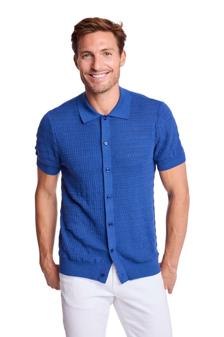 Trim Fit Geometric Knit Button-Up Polo, Alternate, color, DEEP DUSTY BLUE