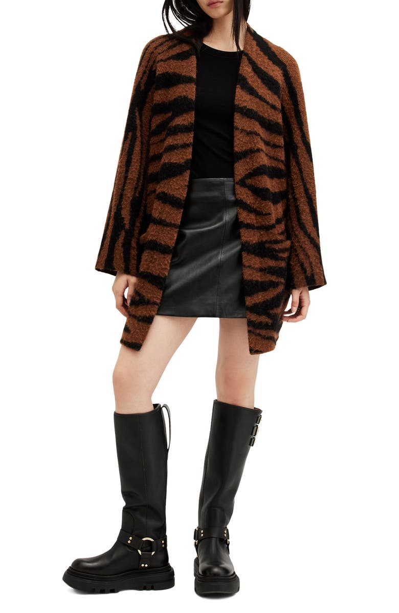 AllSaints Zoe Tiger Stripes Wool & Alpaca Blend Open Front Cardigan, Main, color,
