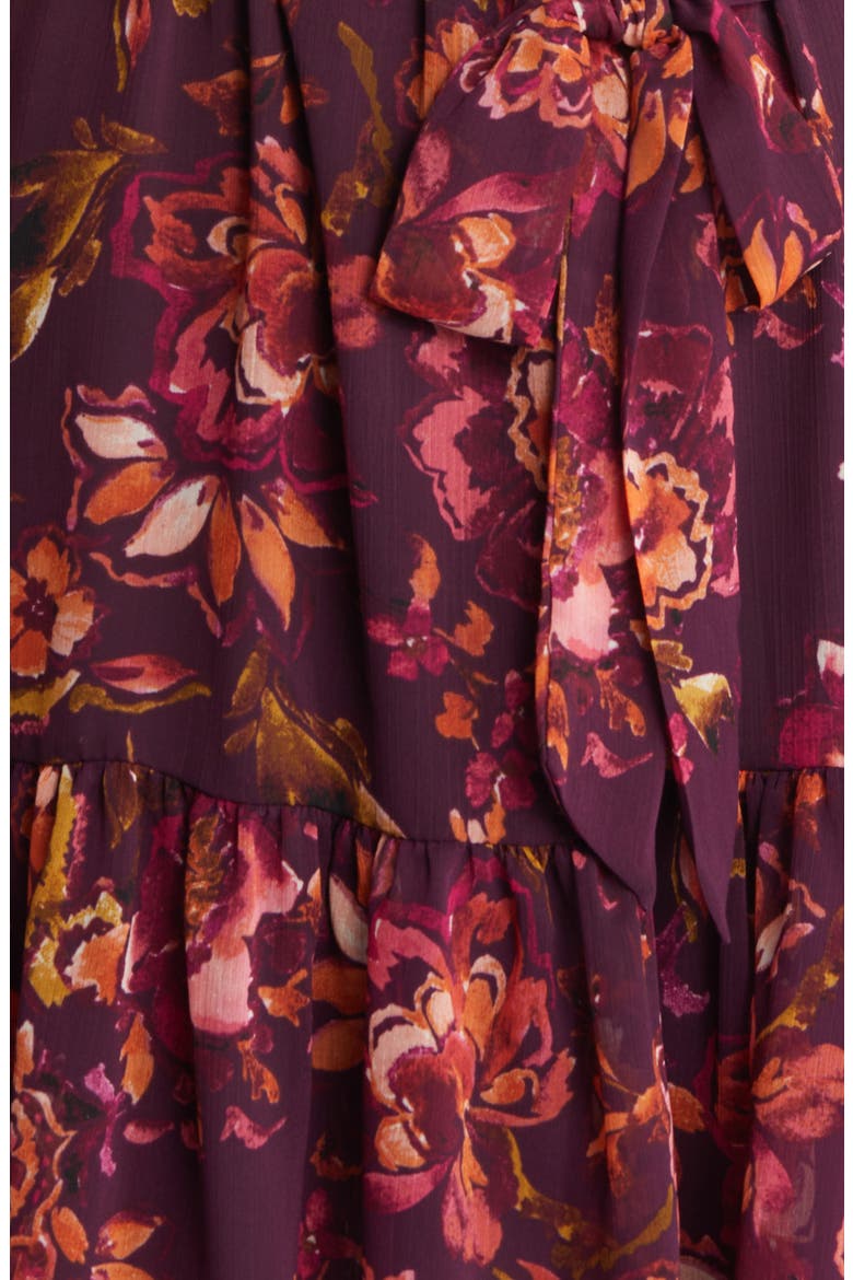Floral Long Sleeve Chiffon Fit and Flare Dress, Alternate, color, WINE