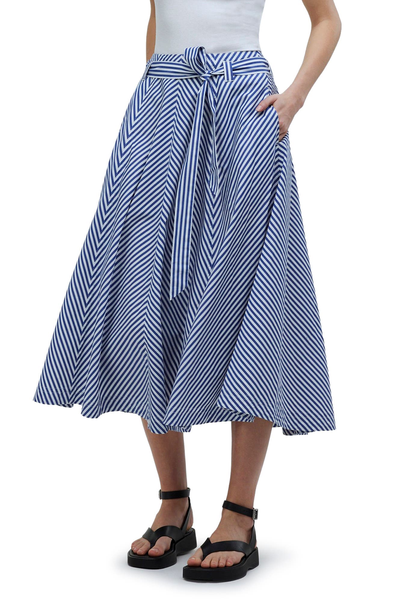 Madewell Stripe Flare Poplin Midi Skirt