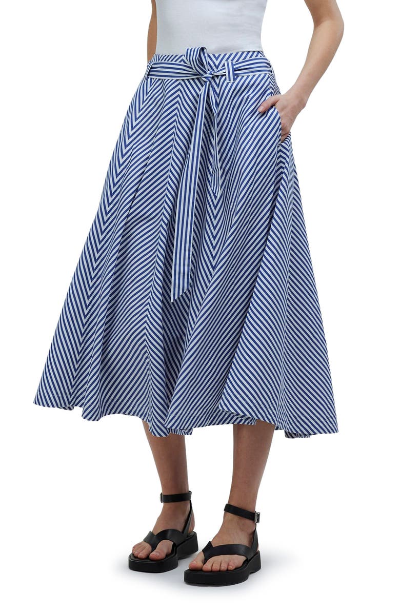 Madewell Stripe Flare Poplin Midi Skirt, Main, color, 