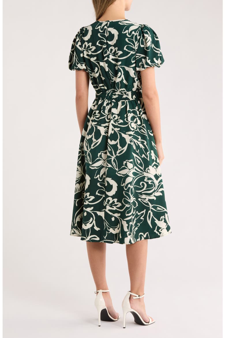 Puff Sleeve Midi Dress, Alternate, color, HUNTER GREEN/ BONE