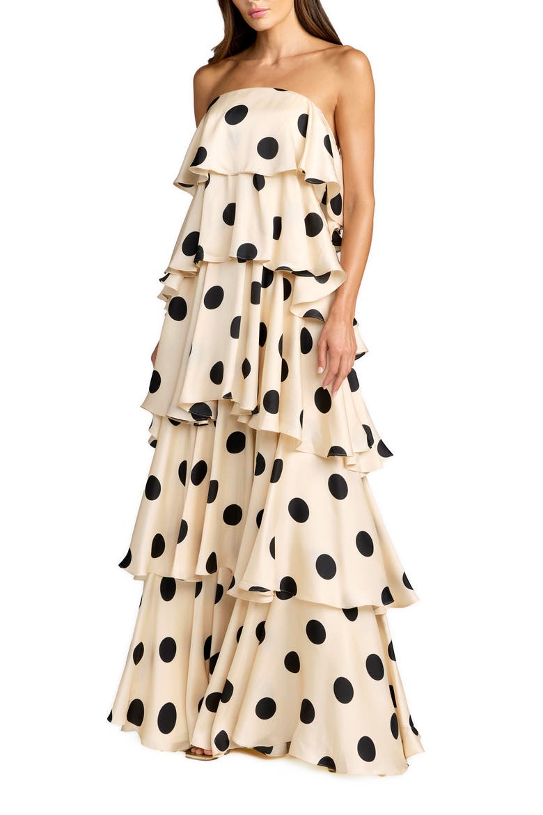 Strapless Polka Dot Charmeuse Ruffle Gown, Main, color, Cream Black
