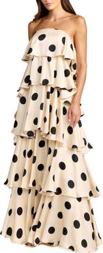 Mac Duggal Strapless Polka Dot Charmeuse Ruffle Gown