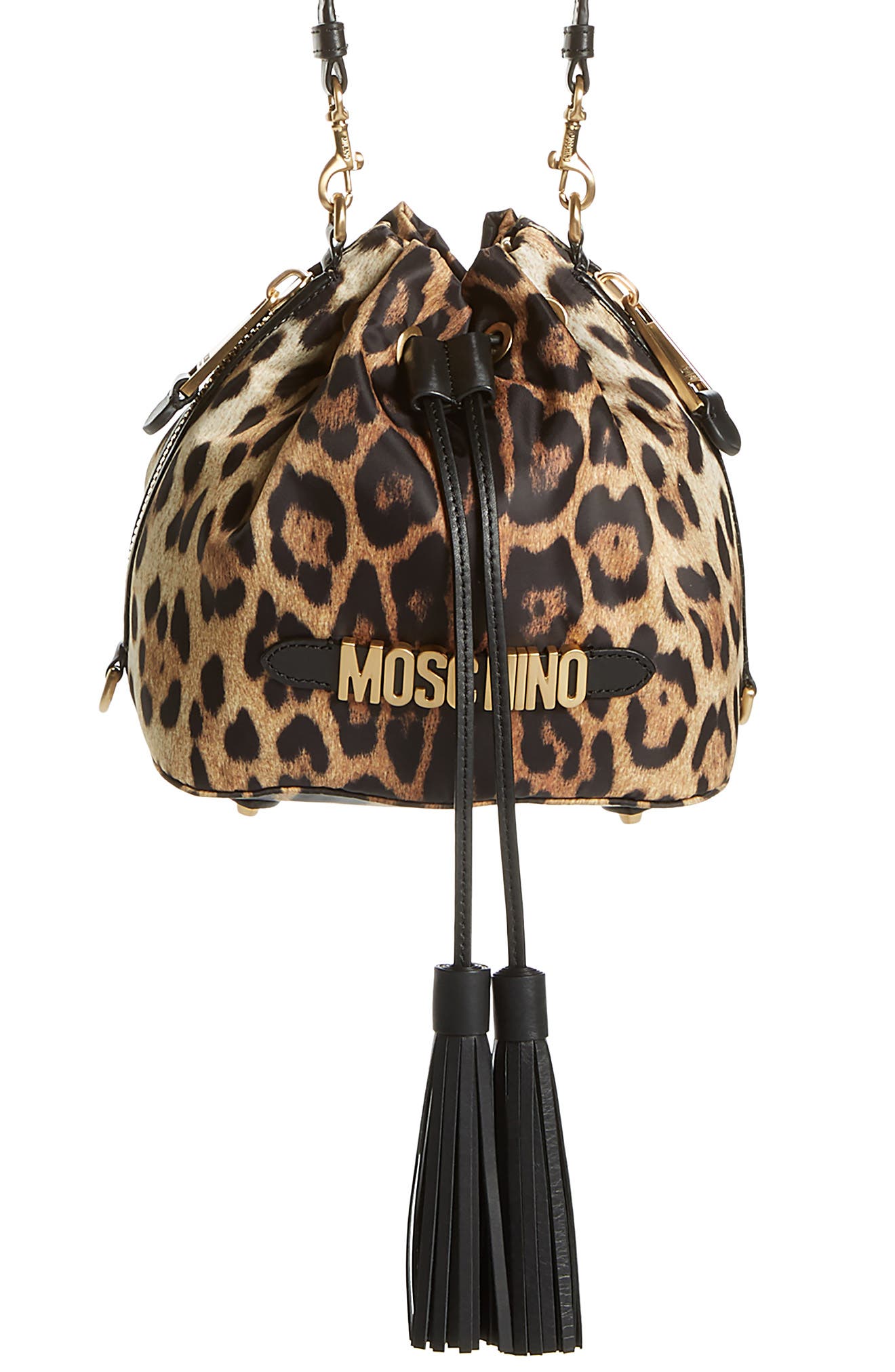Moschino Leopard Print Nylon Convertible Bucket Bag, Main, color, 