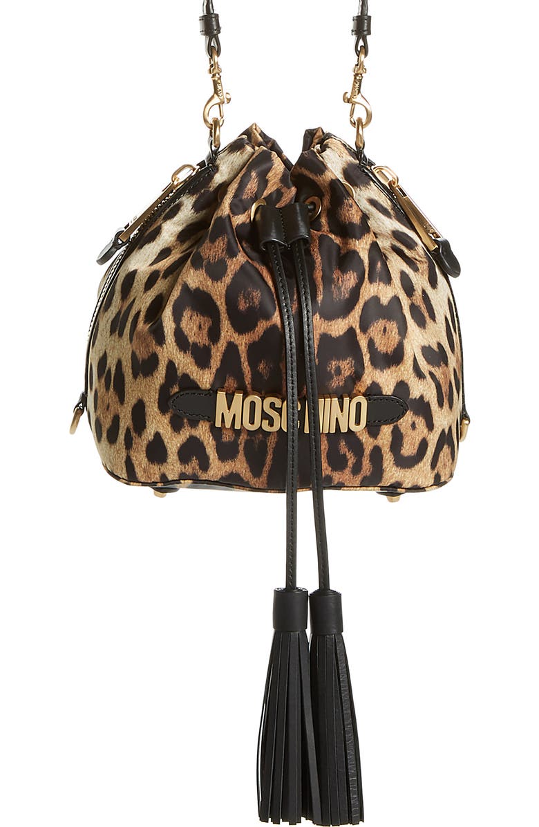 Moschino Leopard Print Nylon Convertible Bucket Bag, Main, color,