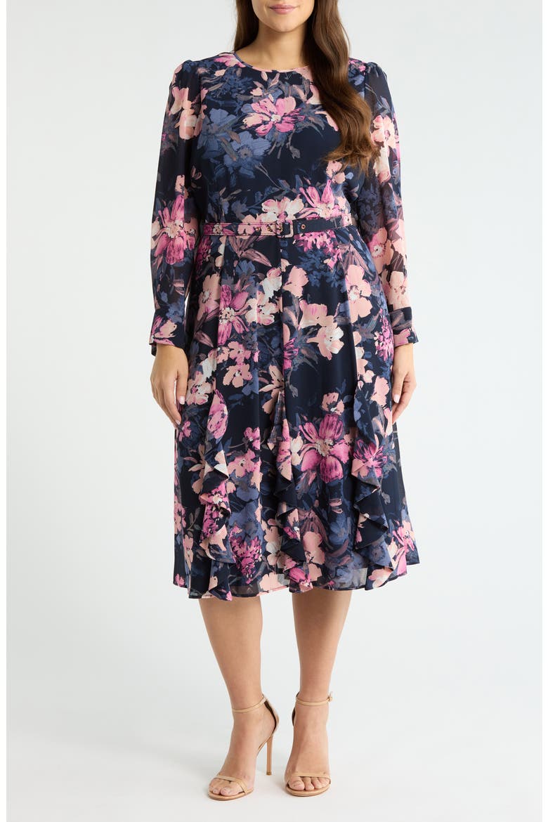 Floral Belted Long Sleeve Dress, Main, color, NAVY PERI ROSE