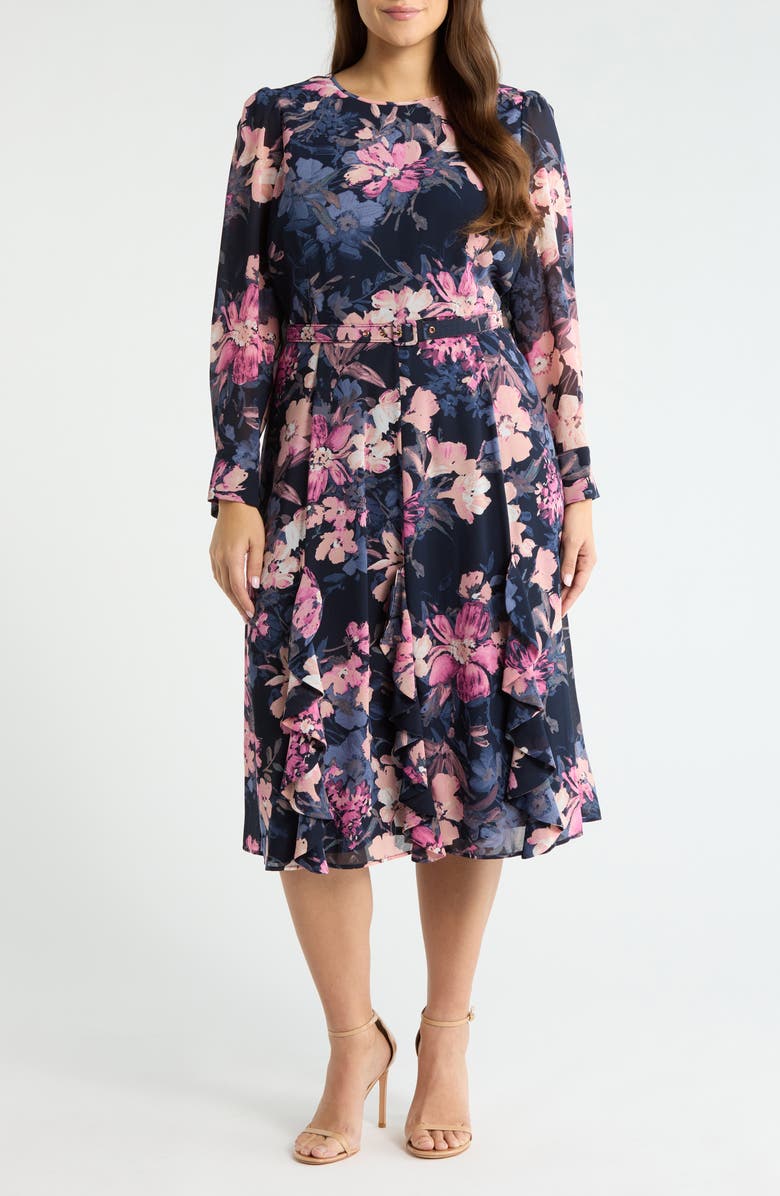 Tahari ASL Floral Belted Long Sleeve Dress, Main, color, Navy Peri Rose