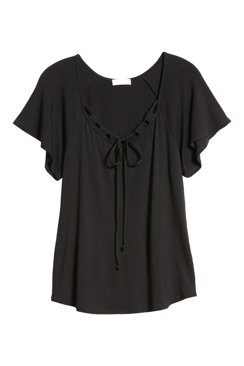 Tie Neck Flutter Sleeve Top, Alternate, color, BLACK
