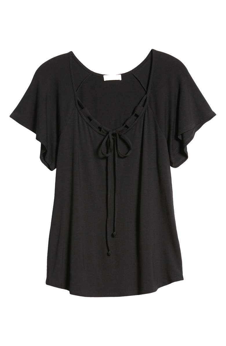 Loveappella Tie Neck Flutter Sleeve Top, Alternate, color, Black