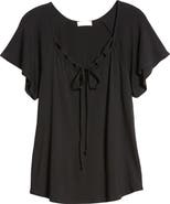 Loveappella Tie Neck Flutter Sleeve Top
