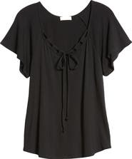 Loveappella Tie Neck Flutter Sleeve Top