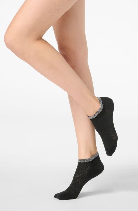 Metallic Cuff Cotton Blend Pointelle No-Show Socks