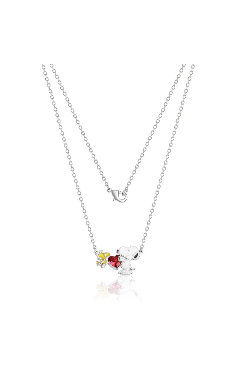 PEANUTS Snoopy and Woodstock Red Crystal Heart Necklace, 18'', Alternate, color, Silver, White, Red