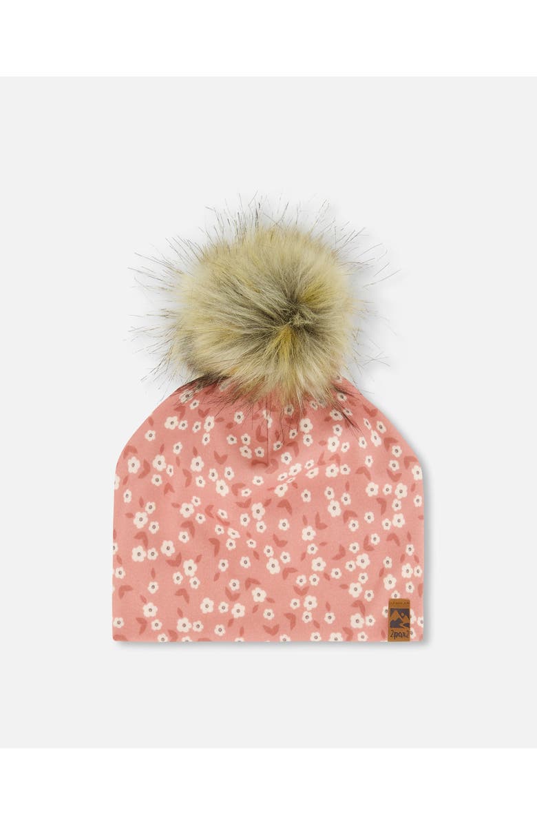 Deux par Deux Girl's Printed Jersey Detachable Pompom Hat Small White Flowers On Pale Pink, Main, color, White Flowers On Pale Pink