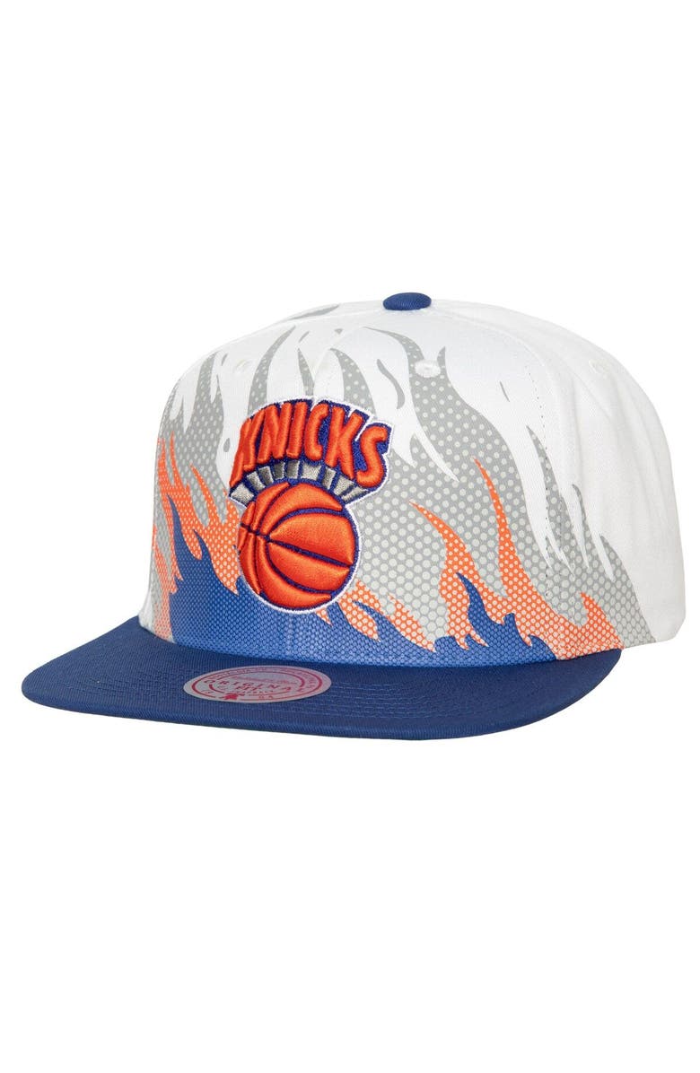 Mitchell & Ness Men's Mitchell & Ness White New York Knicks Hot Fire Snapback Hat, Main, color,