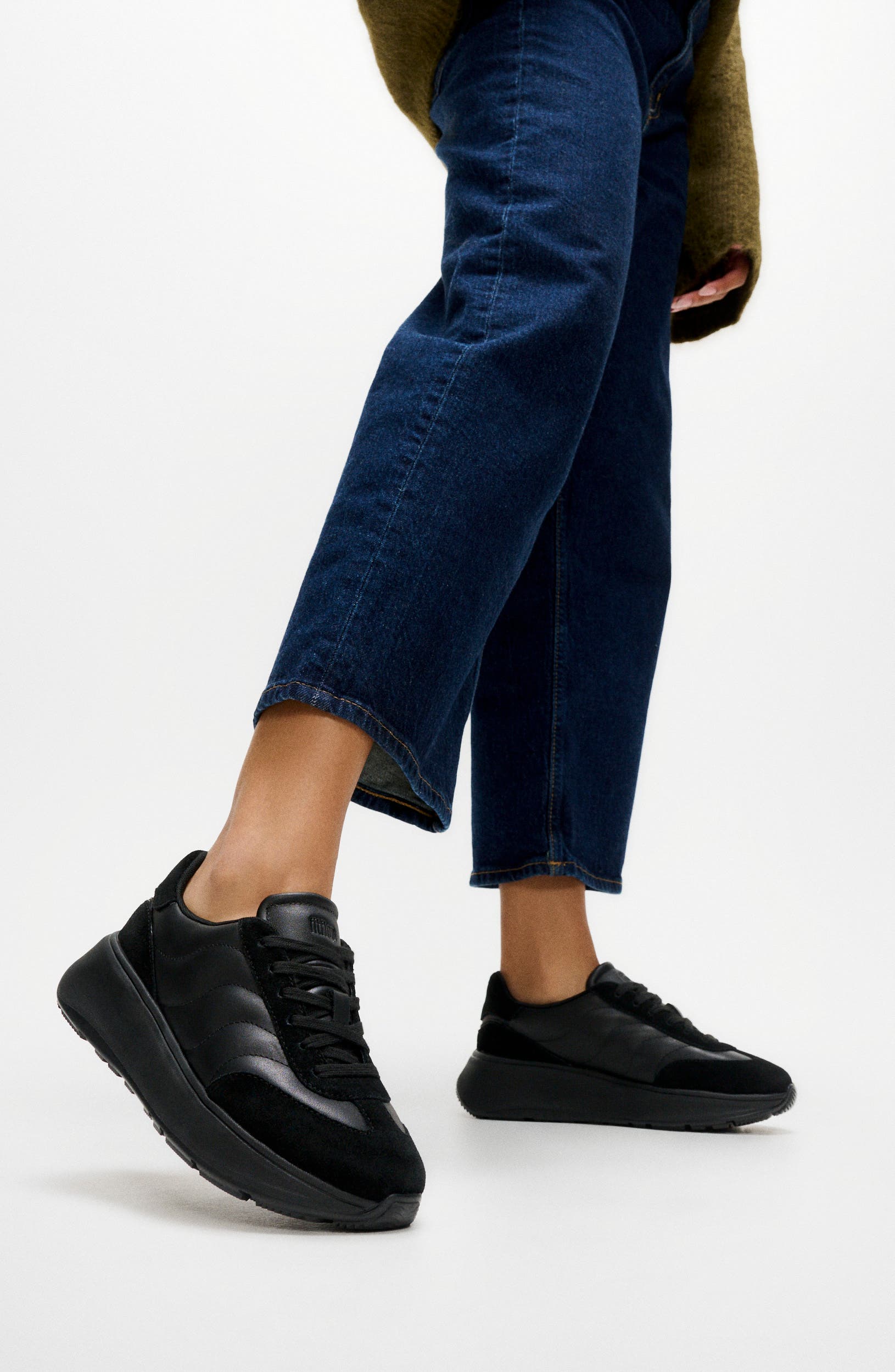 F-Mode T-Toe Wave Leather Sneaker, Alternate, color, ALL BLACK