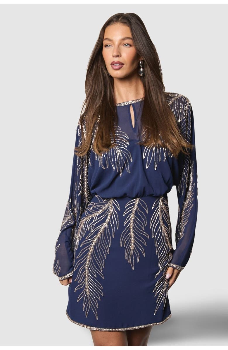 Coast Feather Embellished Mini Dress, Main, color, Navy