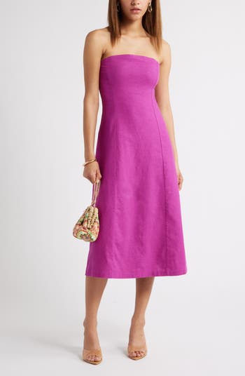 Strapless Linen Blend Midi Dress