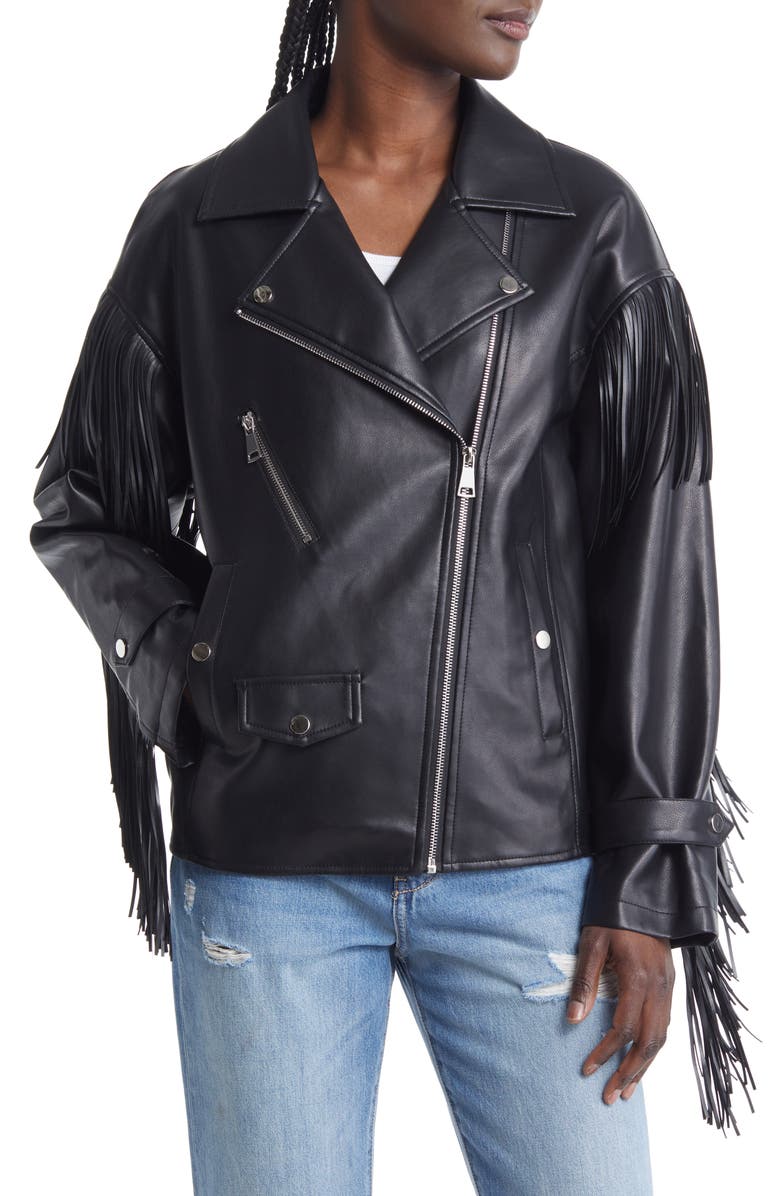 AZALEA WANG Fringe Faux Leather Jacket, Alternate, color, Black