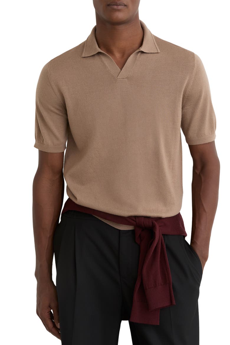 Duchie Johnny Collar Short Sleeve Wool Polo Sweater, Main, color, CAMEL BROWN