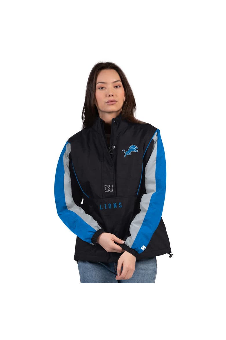 Women's Starter Black/Blue Detroit Lions Thursday Night Gridiron Half-Zip Jacket, Main, color, Black
