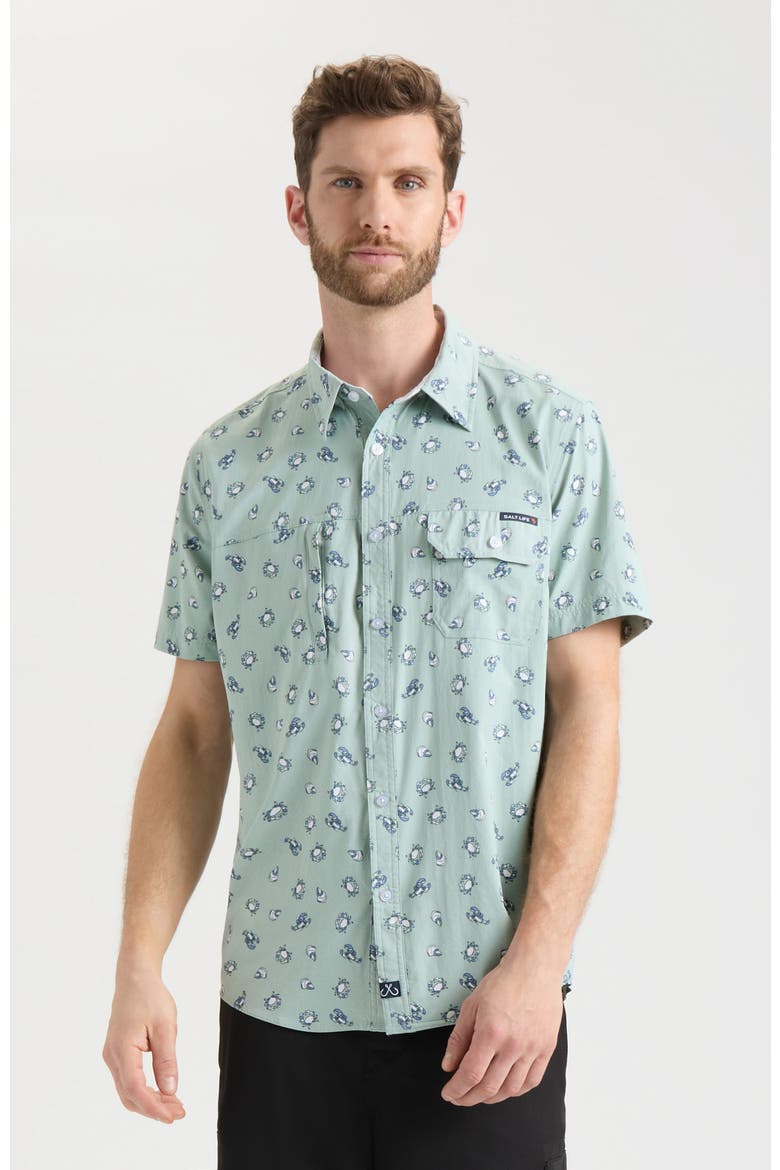 Crustacean Life Woven Short Sleeve Shirt, Main, color, Sagebrush