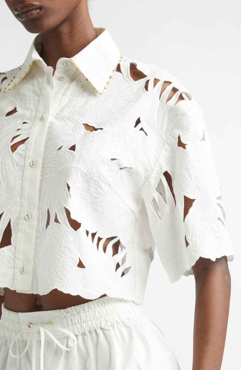 Zimmermann Mahon Embroidered Cotton Crop Shirt, Alternate, color, Ivory