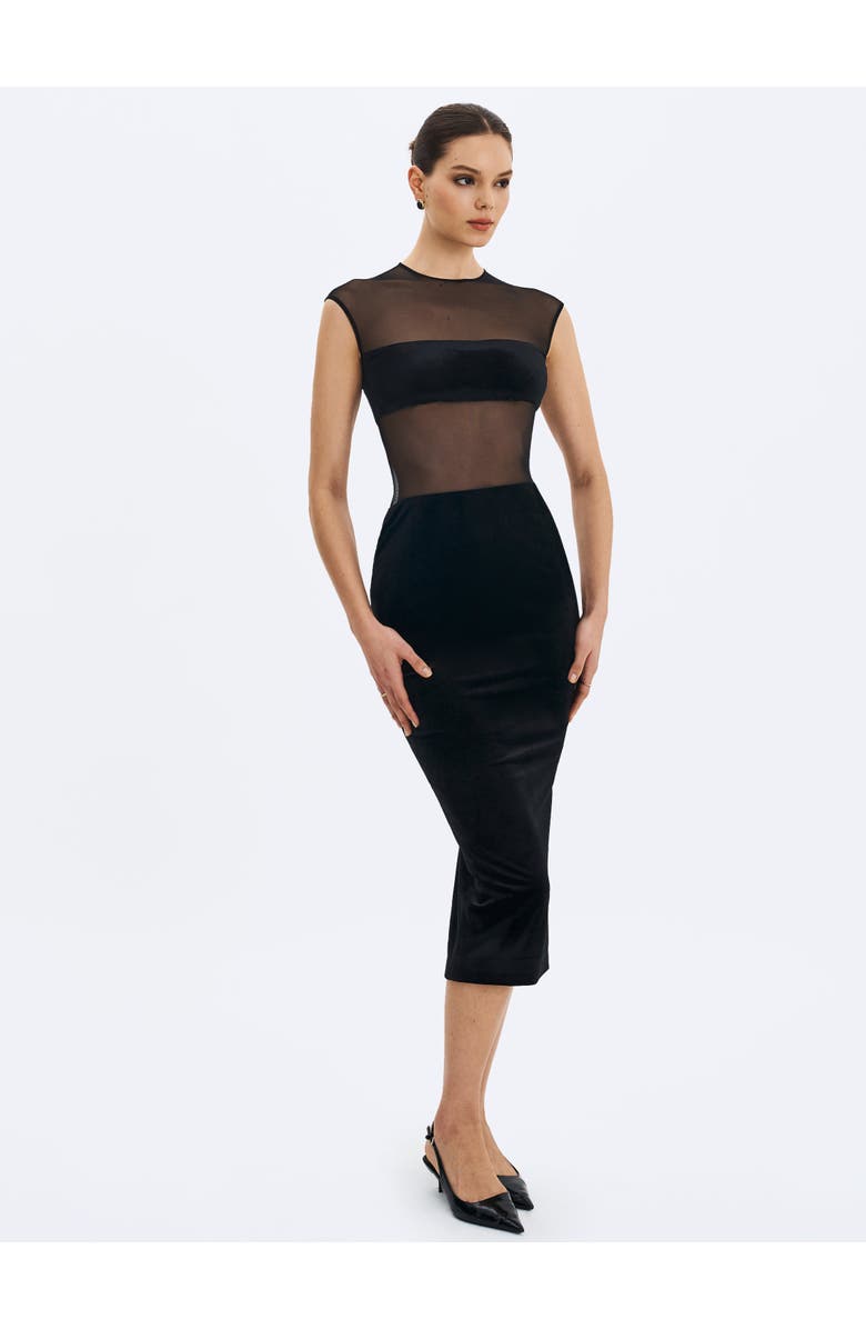 Miss Circle Quielle Mesh and Velvet Midi Bodycon Dress, Alternate, color, Black