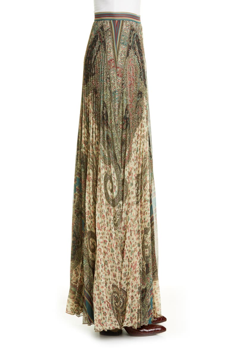 Brocade Print Pleated Maxi Skirt, Alternate, color, BEIGE