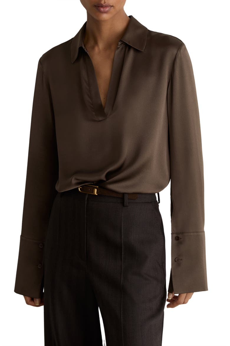 Marina V-Neck Silk Top, Alternate, color, MOCHA BROWN
