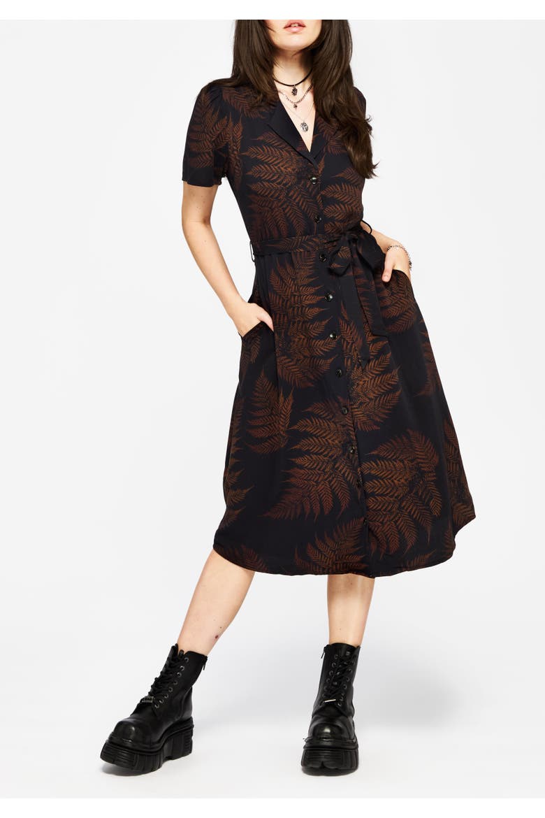 Ruin Fern Printed Midi Dress, Main, color, Black