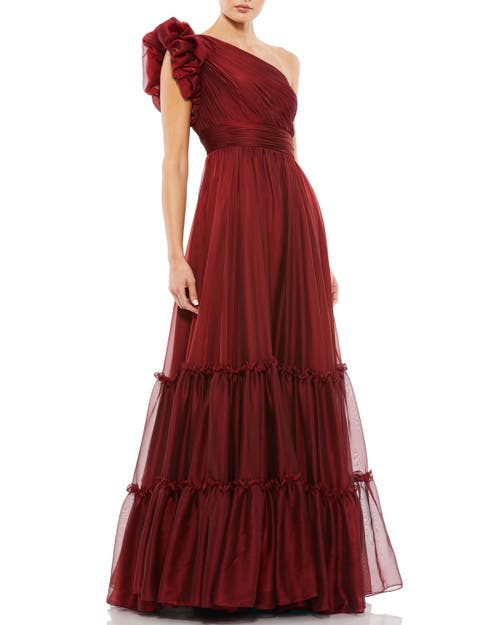 Mac Duggal Organza One-Shoulder Pleated Gown in Wine 