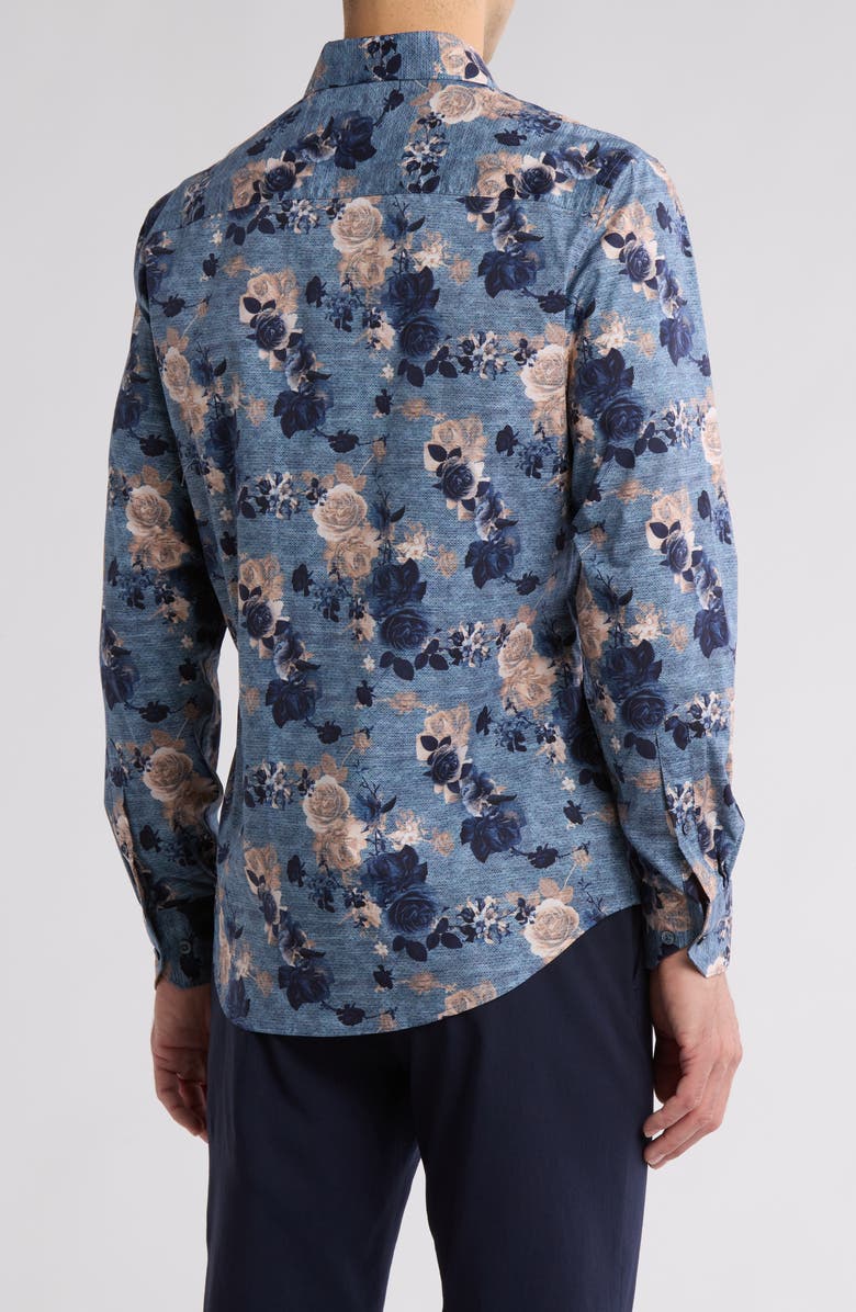 Bugatchi Rose Print Stretch Cotton Button-Up Shirt, Alternate, color,