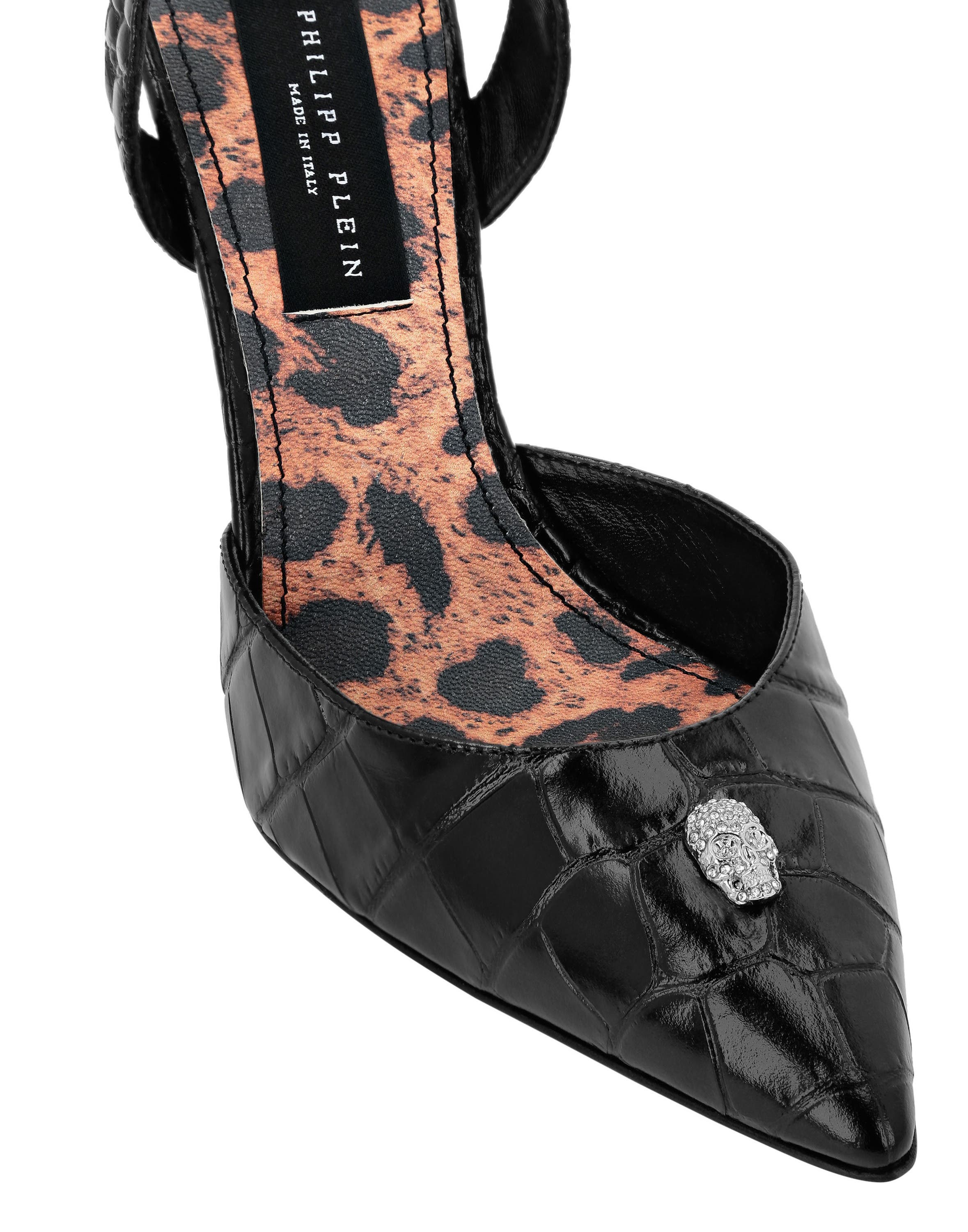 Croco Printed Leather Slingback Shoes Women, Alternate, color, black