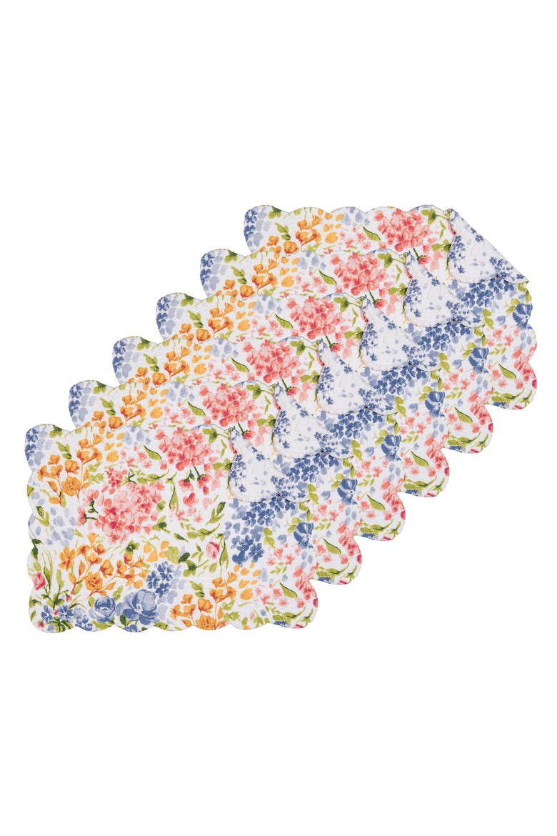 Florian Watercolor Flowers 100% Cotton Set of 6 Placemats 13" x 19", Main, color, Blue